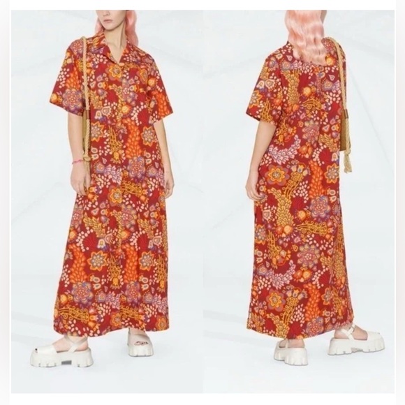 La DoubleJ Dress Bowling Floral Orange Relaxed Maxi Shirtdress Taranta Medium - Picture 14 of 16